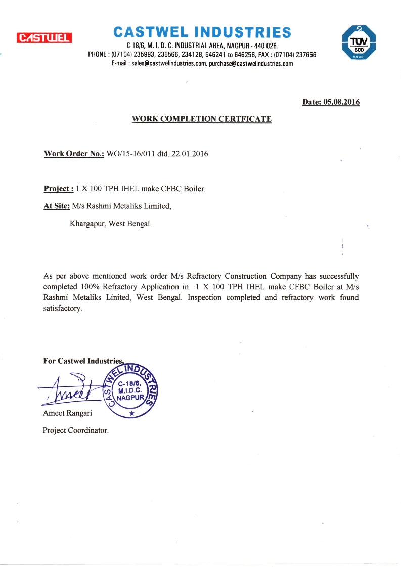certificate//castwel industries in nagpur - Project rashmi Metaliks Ltd CFBC Boiler Refractory Applicator Company In West Bengal1.jpg